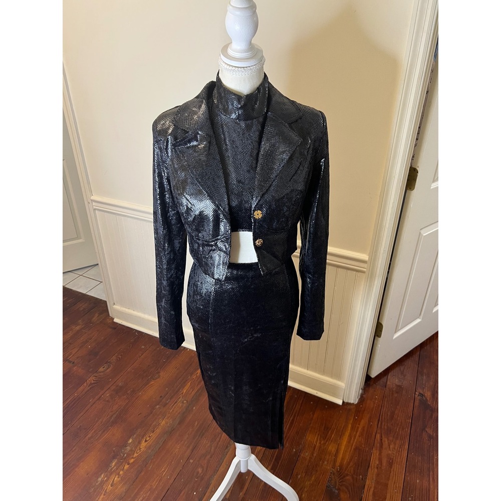 Melrose With Love Black Snakeskin 3 Piece Set Blazer Crop Top Midi Skirt Small